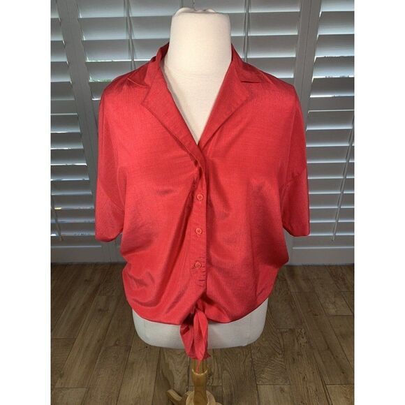 Vtg 70s Lehigh Red Button Up Blouse L/XL Tie Waist Collared Band Classic Retro - Picture 1 of 11
